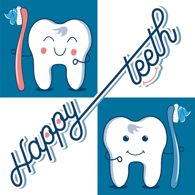 Happy Teeth Cartoon teeth holding a toothbrush Cute tooth brushing cartoon with smiley face