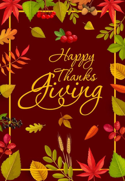 Happy Thanks Greetings with lettering and fallen autumn leaves and berries of maple, oak, birch or rowan and elm with cranberry. Thanksgiving day fall tree foliage frame