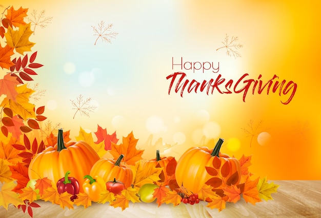 Happy Thanksgiving background with autumn vegetables and colorful leaves. Vector.