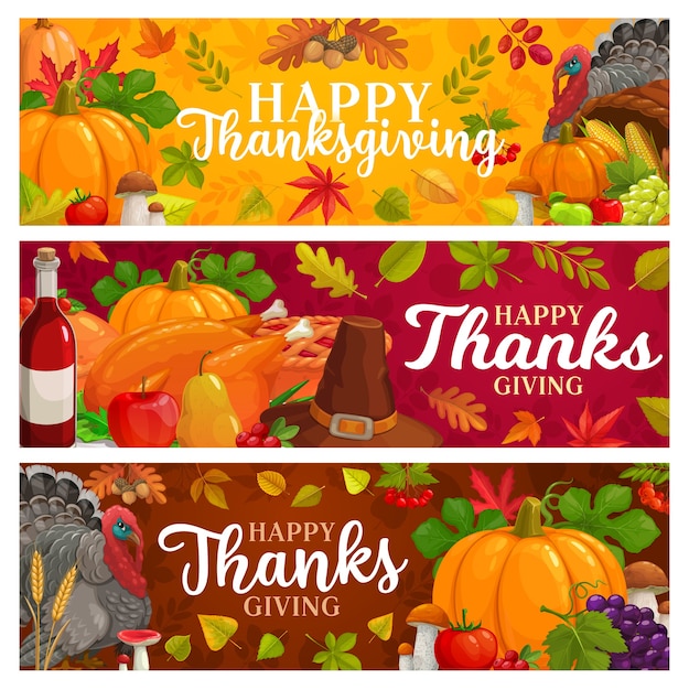 Vector happy thanksgiving  banners with falling leaves, autumn harvest, pumpkin, turkey with hat and wine. mushrooms, maple, oak or poplar and birch tree with rowan thanks giving day seasonal greetings