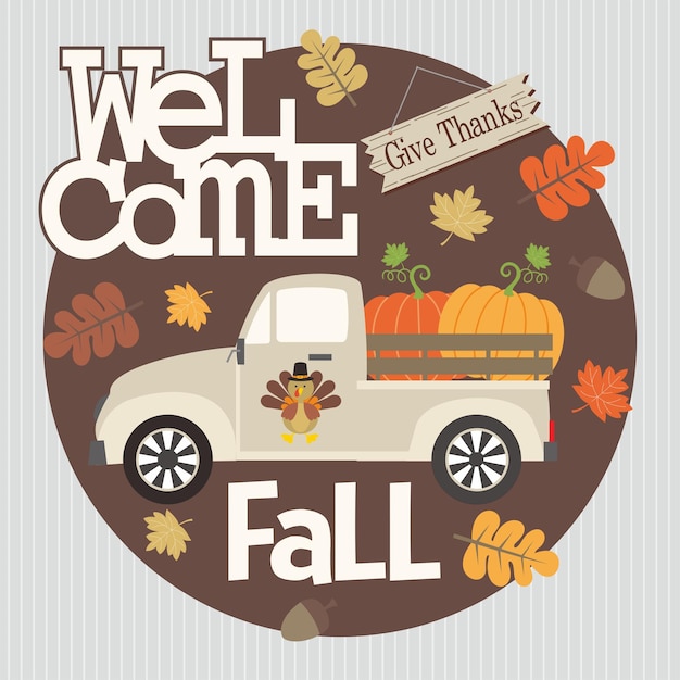 Vector happy thanksgiving card design with pumpkins on the truck