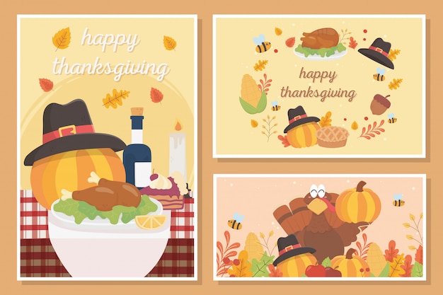 Happy thanksgiving celebration card food turkey pumpkin pie acorn leaves