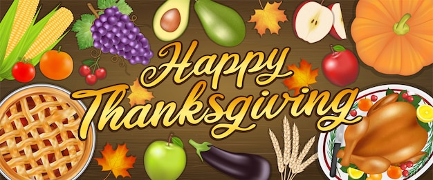 happy thanksgiving celebration festival banner with food and fruit