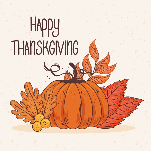 Vector happy thanksgiving celebration lettering card with leafs and pumpkin illustration design