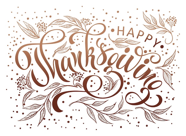 Happy Thanksgiving day. Banner with handwritten lettering and hand-drawn elements. Autumn background. Vector illustration.