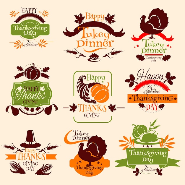 Happy Thanksgiving Day celebration emblems for greeting card