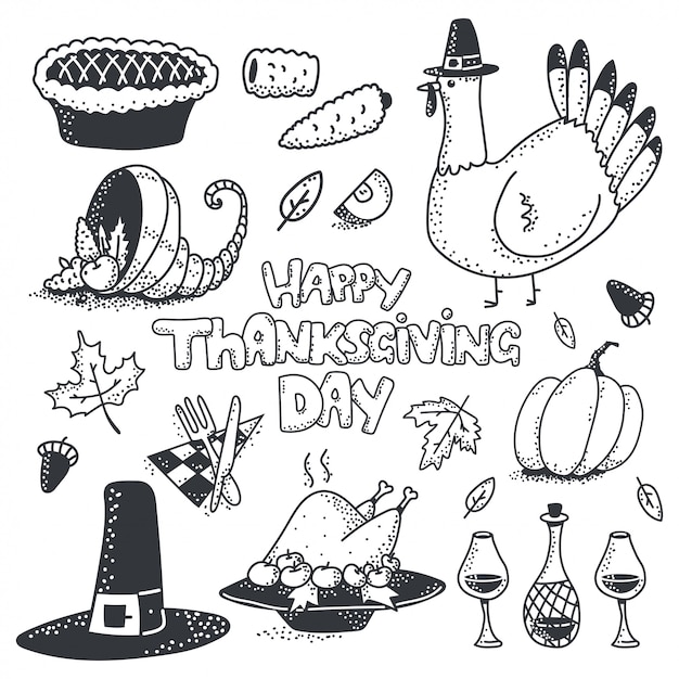 Happy Thanksgiving day doodle sketch element vector set isolated.