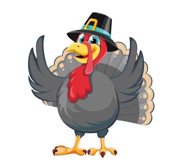 Happy Thanksgiving Day. Funny cartoon character turkey bird in pilgrim hat. Stock vector illustration on white background