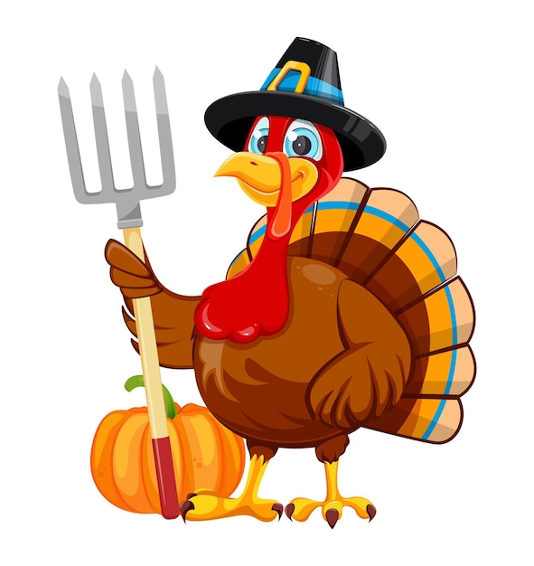 Vector happy thanksgiving day funny cartoon character turkey bird in pilgrim hat