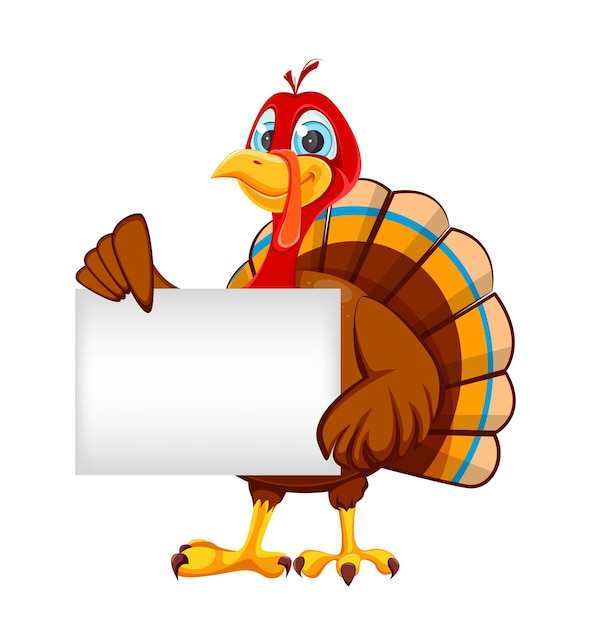 Happy Thanksgiving day Funny cartoon character turkey bird Turkey bird holding blank banner