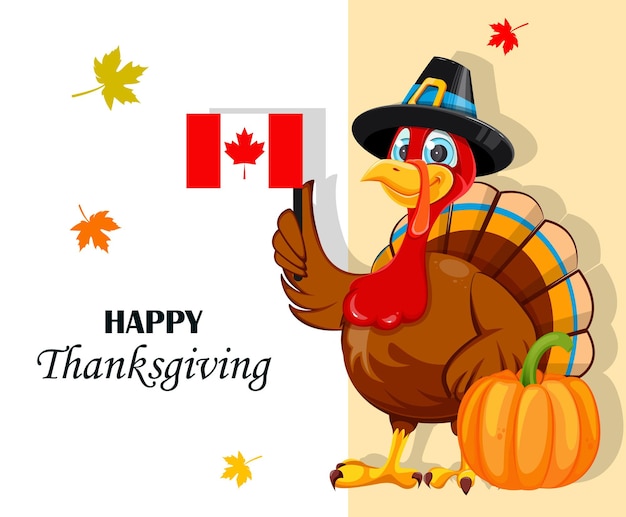 Happy Thanksgiving day Funny cartoon character turkey bird Turkey bird holding Canadian flag