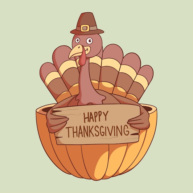 Happy Thanksgiving Day. Funny Turkey bird cartoon character holding a board in the pumpkin