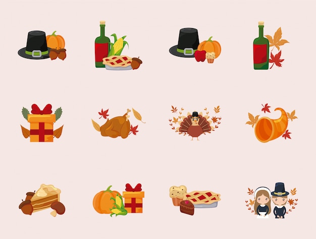 Happy thanksgiving day icon set vector design