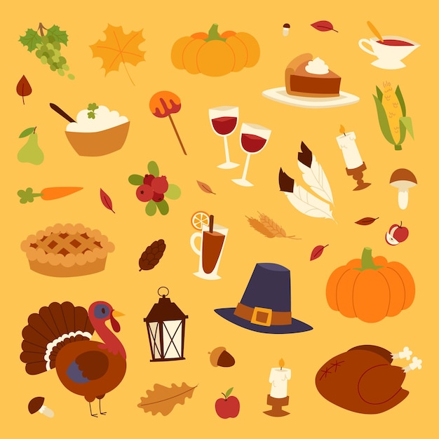 Happy thanksgiving day icons vector set for family celebration