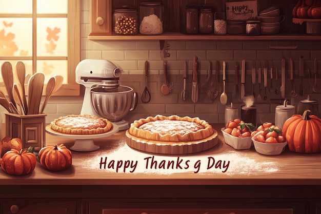 a happy thanksgiving day picture with a kitchen table and food on it