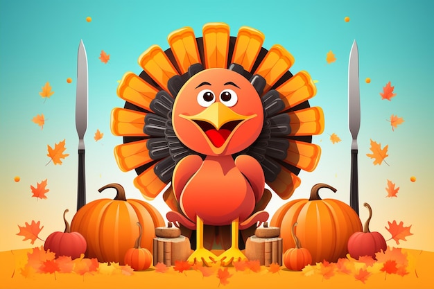 Vector happy thanksgiving turkey with pitchfork