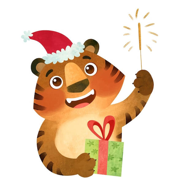 Happy tiger in Santa hat with gift and sparkler The symbol of the new 2022