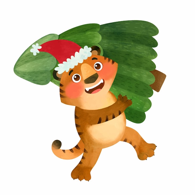 Happy tiger wearing a Santa hat bought a Christmas tree The symbol of the new 2022