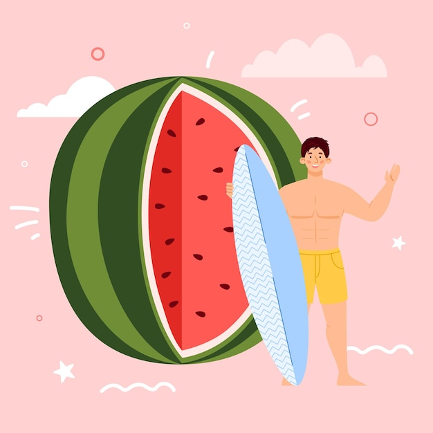 Vector happy tiny young man standing with surfboard on background huge ripe watermelon