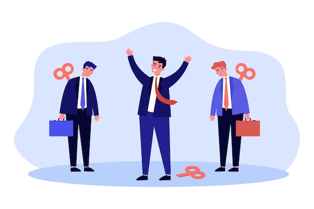 Happy and tired employees with red wind up key in back. Male clockwork doll without energy flat vector illustration. Stimulus, motivation concept for banner, website design or landing web page