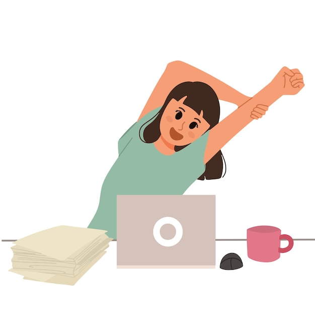 Happy tired woman stretching after work laptop paper illustration