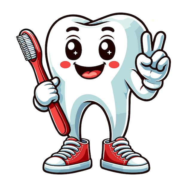 Happy Tooth Cartoon with Toothbrush and Peace Sign Illustration