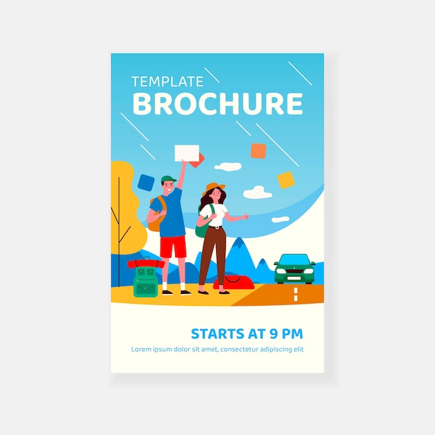 Happy tourist couple hitchhiking on road brochure template