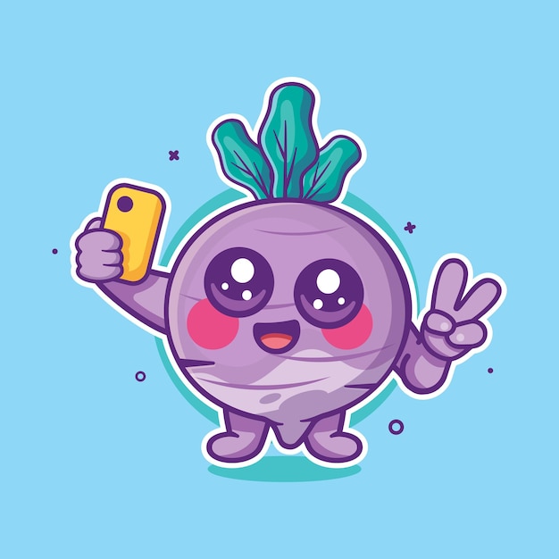 Vector happy turnip vegetable character mascot taking a selfie with a smartphone isolated cartoon