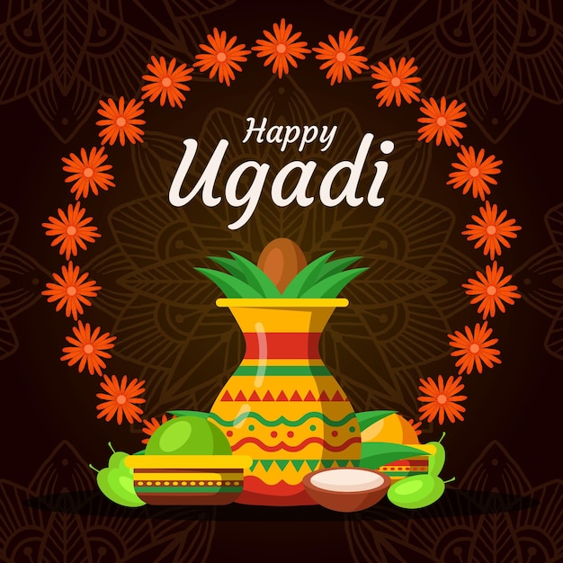 Happy Ugadi design illustration with flowers