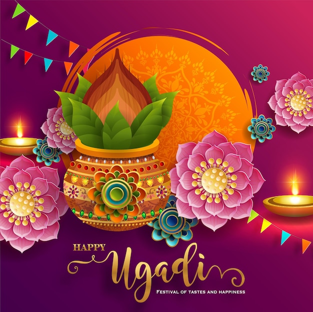 Happy Ugadi festival  Vector Illustration based on Ugadi Font on colorful decorative fest