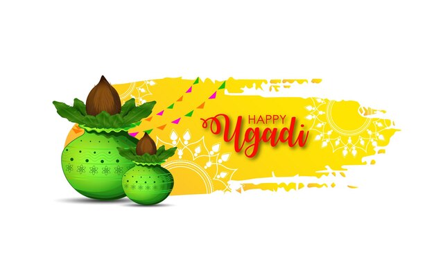 Happy Ugadi Greeting Card Background With Kalash.