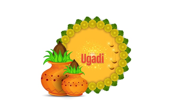 Happy Ugadi Greeting Card Background With Kalash.