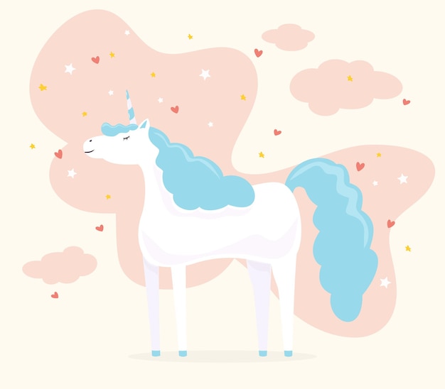 Happy unicorn with blue hair. Stars and hearts on pink background, illustration.