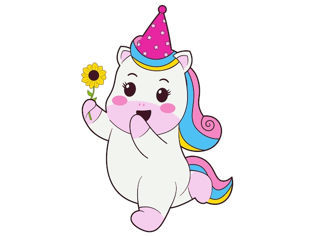 Happy Unicorn With Flower Illustration