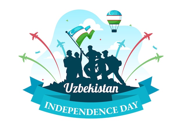 Vector happy uzbekistan independence day vector illustration on september 1st with uzbek flag and ribbon in a national holiday flat style cartoon background