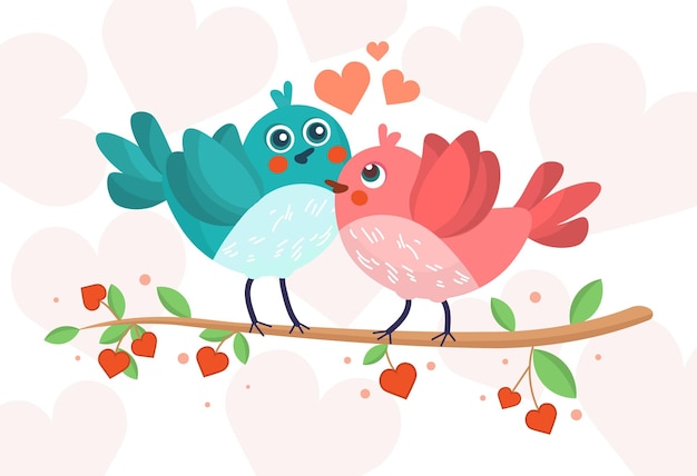 Vector happy valentine day concept beautiful cute birds sitting on tree branch and love each other colorful