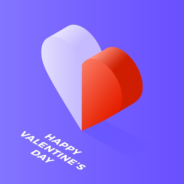 Happy Valentine Day Isometric heart made of two halves, white and red, on blue