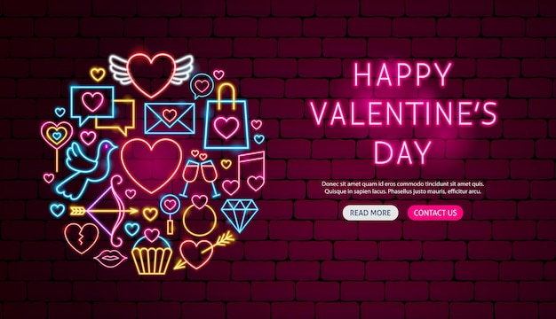 Happy Valentine Day Neon Banner Design. Vector Illustration of Love Promotion.