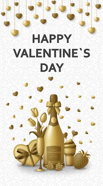 Happy Valentine Day with champagne, gift, flowers and berries. Greeting card and Love template