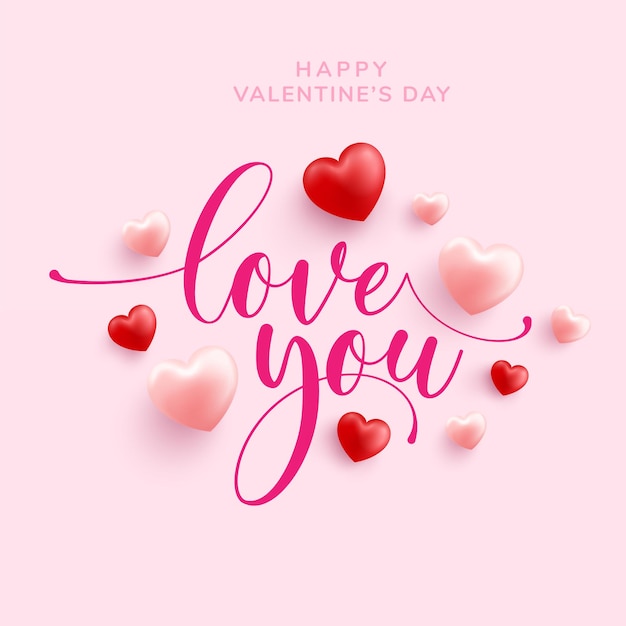 Happy valentine greeting card with Love word hand drawn lettering and calligraphy with red and pink heart on pink