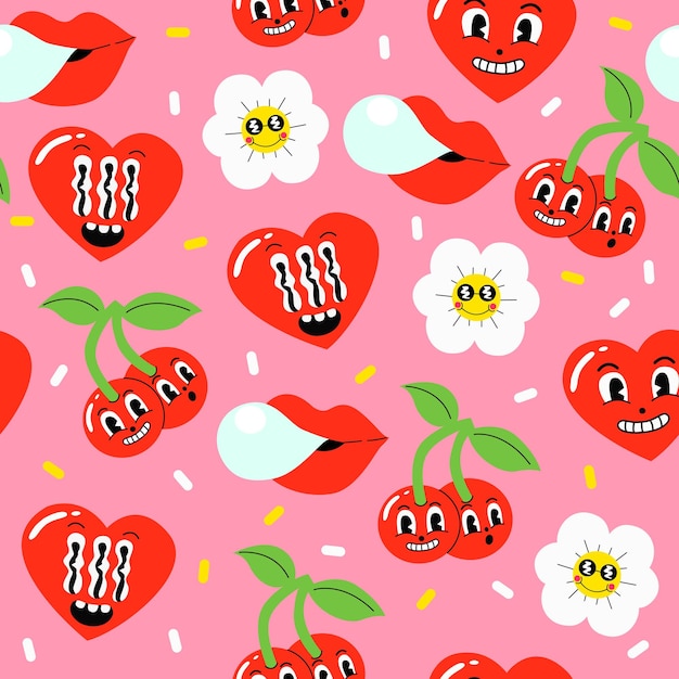 Happy valentine's day background. Seamless vector pattern with comic heart, cherry and flower in trendy retro cartoon style.