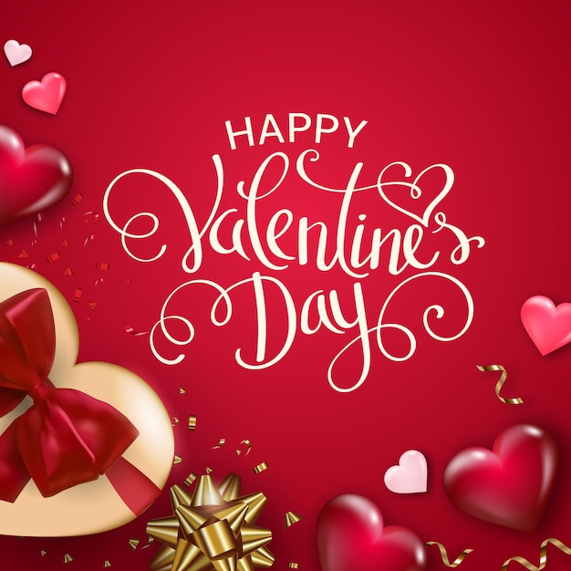 Happy Valentine's Day background with gift box, hearts and bows.