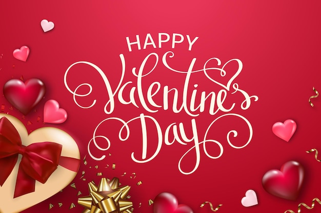 Happy Valentine's Day background with gift box, volume hearts and bows.