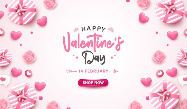 Happy Valentine's Day banner or background with 3D realistic pink heart, gift box, bubble speech on pastel. Romantic greeting card design with lovely elements.