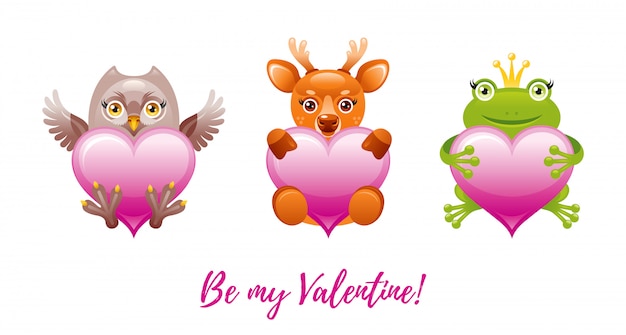 Happy Valentine's day banner. Cartoon cute hearts with toy animals - owl, deer, frog.