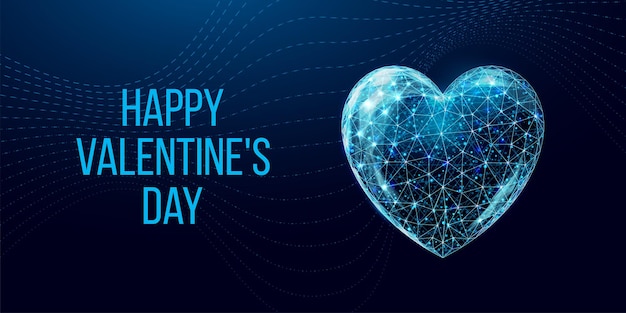 Happy Valentine's day banner. Wireframe heart in low poly style. Abstract modern 3d vector illustration on dark blue background.