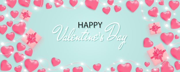 Happy Valentine's Day banner with shining lights garland light bulbs hearts gift box on blue background Valentine's Day card