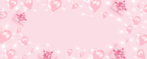 Happy Valentine's Day banner with shining lights garland light bulbs hearts gift box on pink background Valentine's Day card