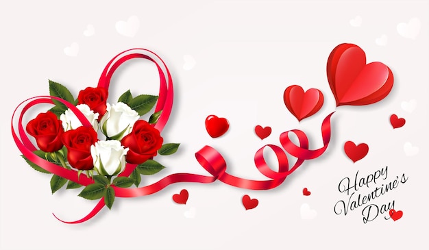 Happy Valentine's Day beautiful background with colorful roses and red heart shape ribbon Vector.