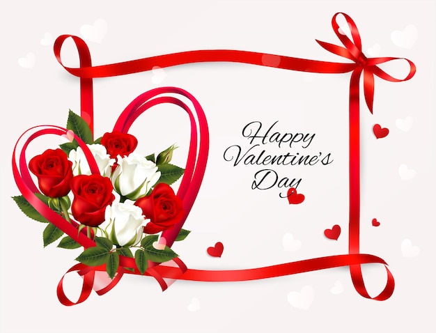 Happy Valentine's Day beautiful getting card with colorful roses and a red heart shape ribbon and bow. Vector.